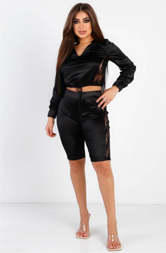Satin Lace Details Long Sleeve Hooded Crop Top & Biker Short Set
