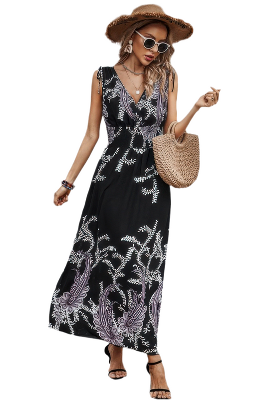 Cross V Neck Floral Print Sleeveless Fit Dress