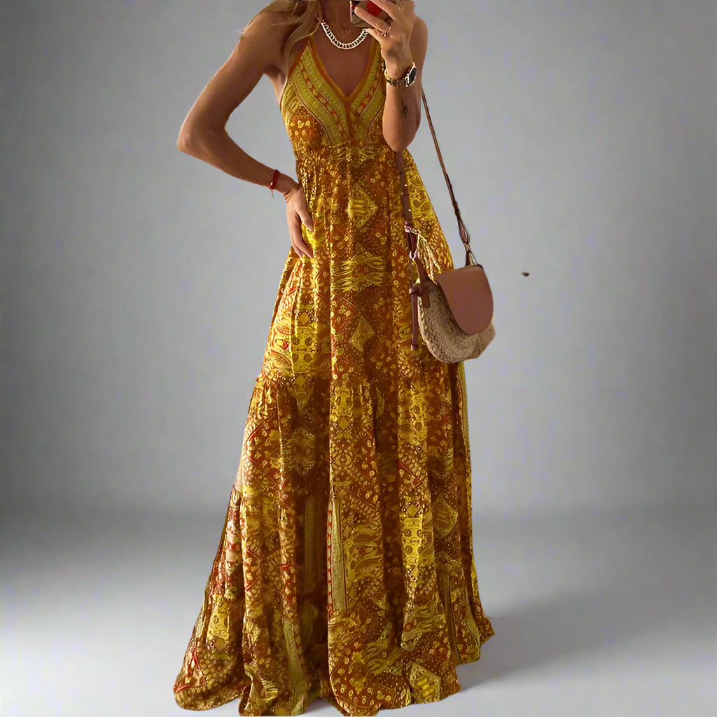Bohemian Style High Waist V-neck Floral Print Maxi Dress Long  Sleeveless Women Dress Plant Floral Pattern