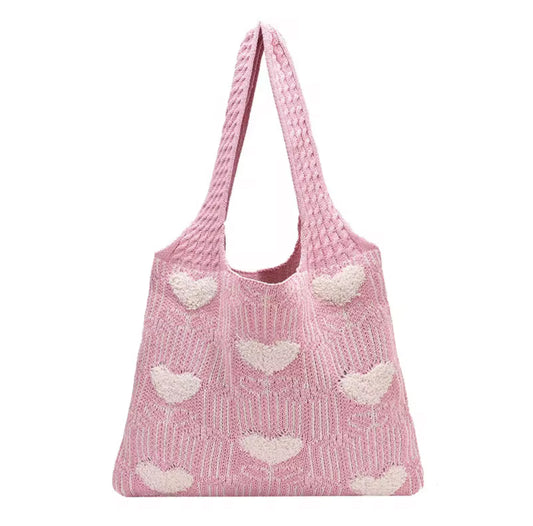 Women's Knit Color Block Heart Shape Open Tote Bag
