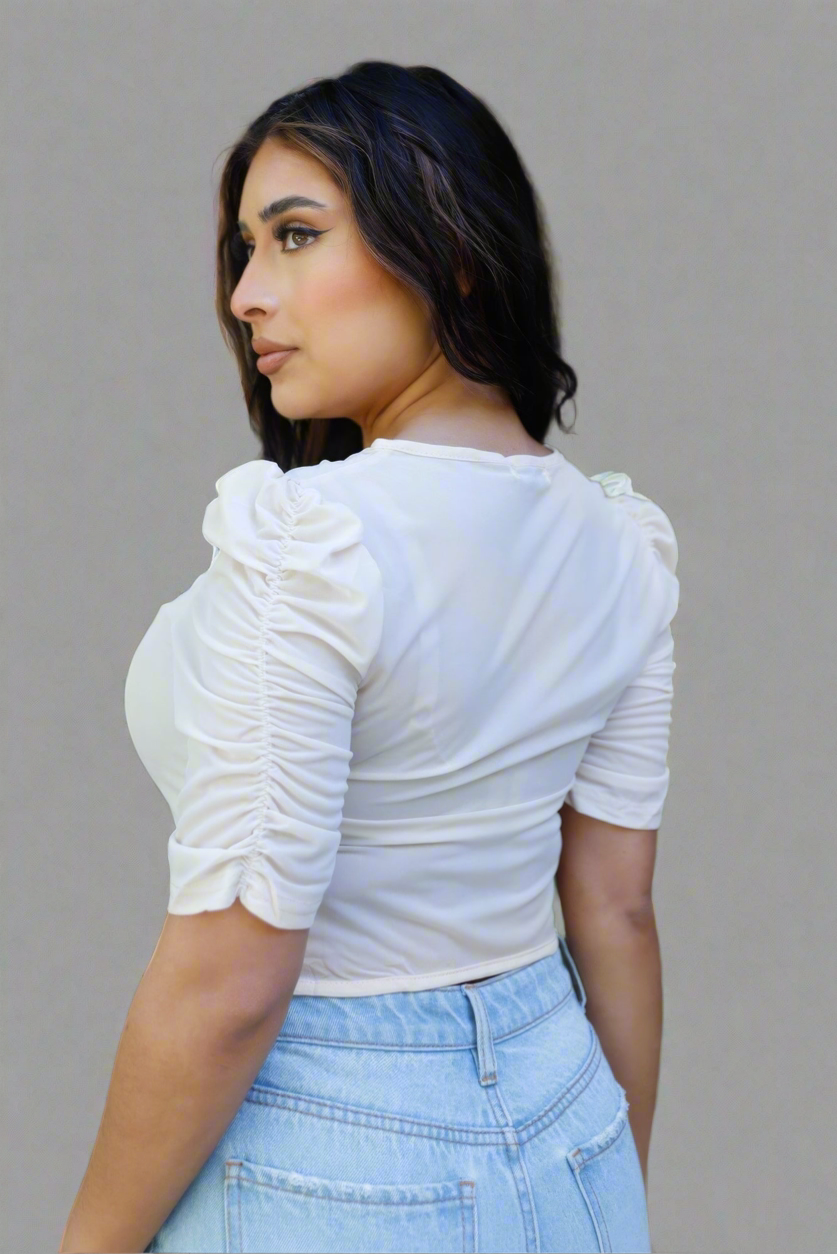 Mesh Button Up Self-tie Detail Ruched Short Sleeve Crop Top