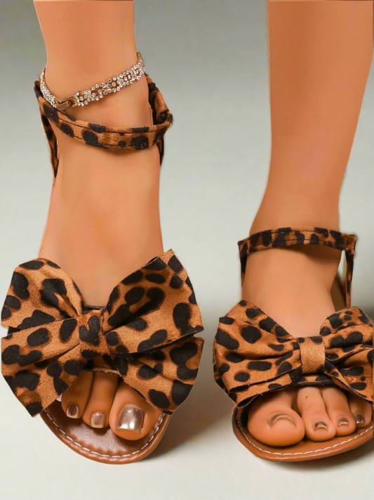 Leopard Print Bow Ankle Strap Flat Sandals