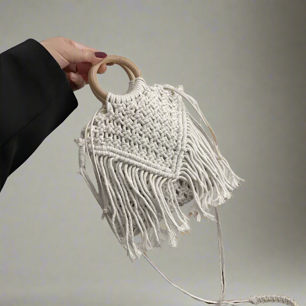 Woven Tassel Fringe Shoulder Bag With Drawstring Closure All Seasons