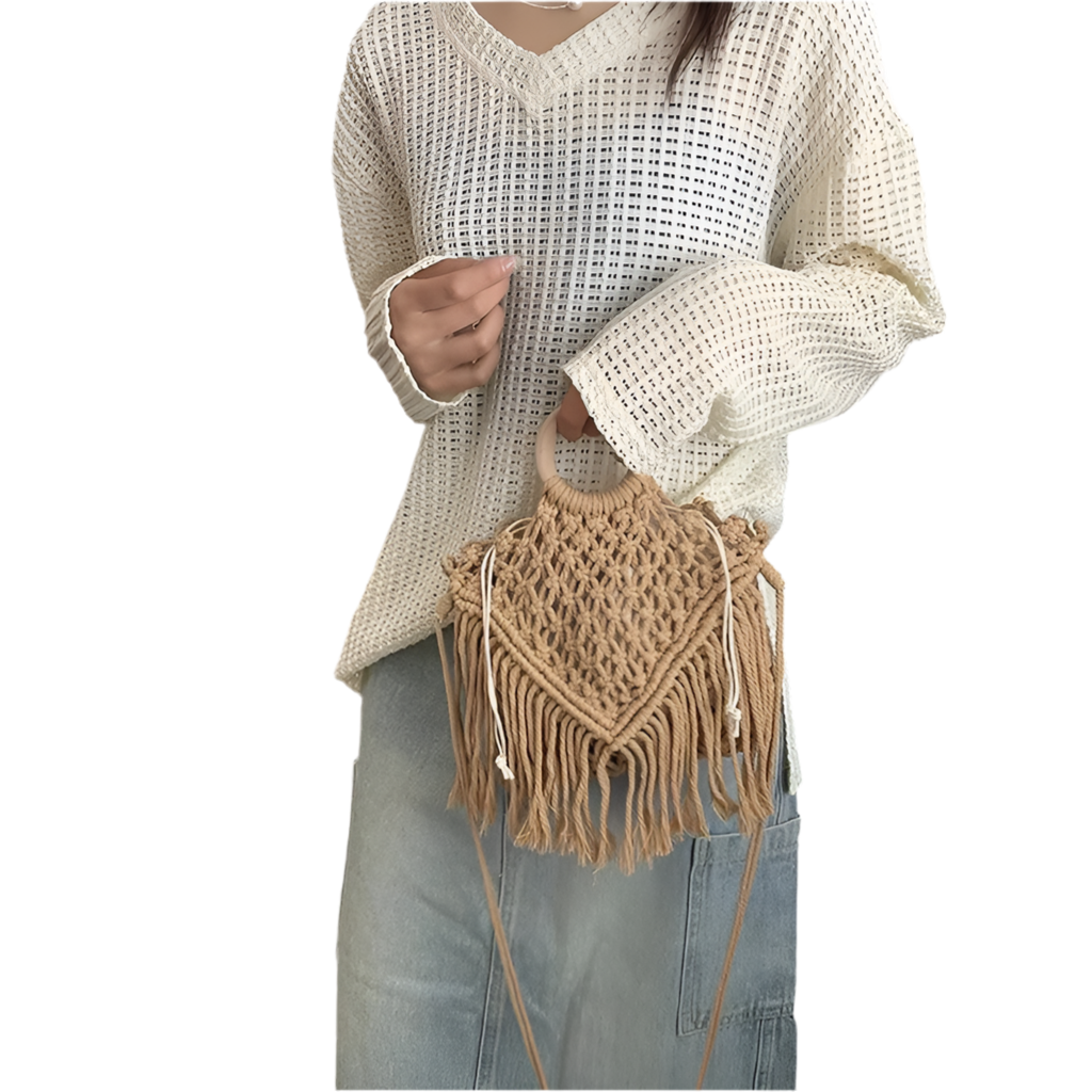 Woven Tassel Fringe Shoulder Bag With Drawstring Closure All Seasons