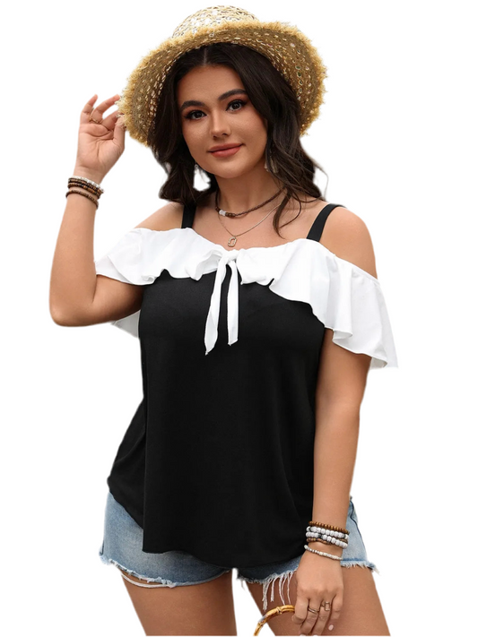 Plus Size Ruffled Contrast Short Sleeve Blouse