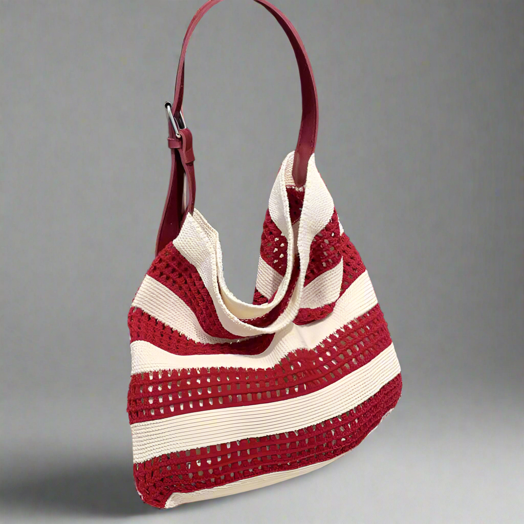 Women's Knit Color Block Stripe Vacation Beach Weave Square Open Tote Bag