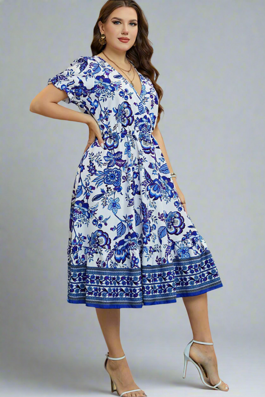 Honey Floral Flounce Sleeve Surplice Dress Plus