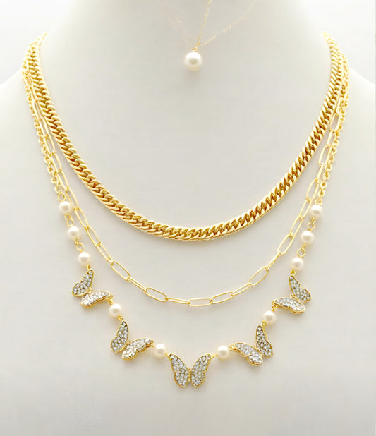 Butterfly Charm Oval Link Layered Necklace