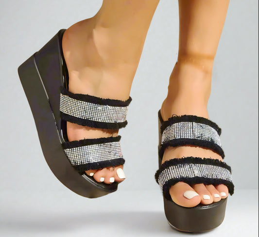 Trendy Rhinestone Open Toe Wedge Sandals