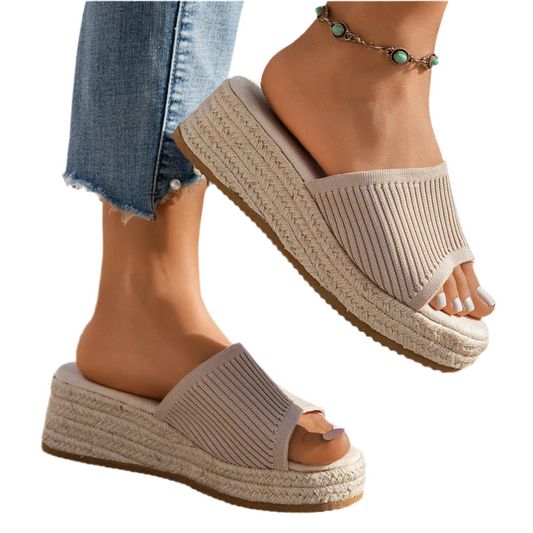 Chic Open Toe Wedge Knit Sandals Comfortable Mid Heel Summer Shoes