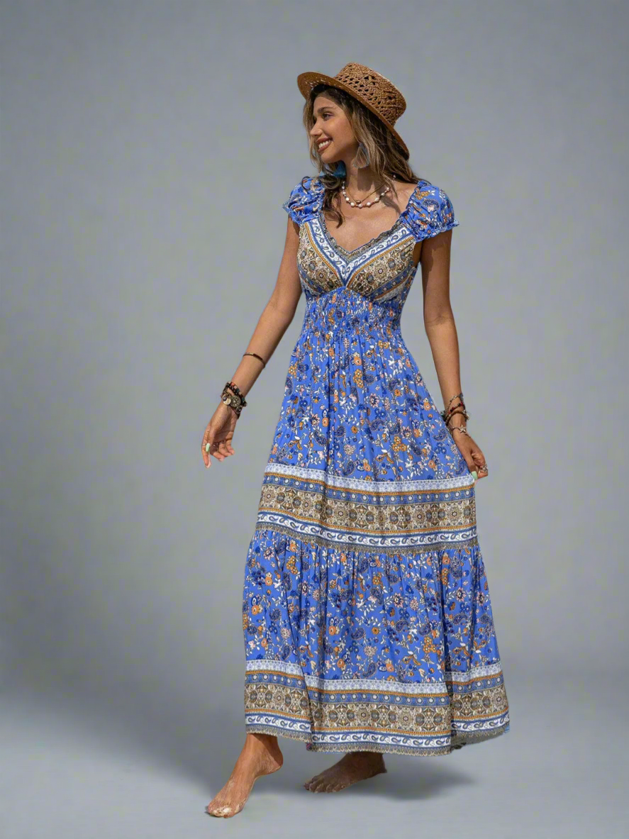 Printed V-Neck Cap Sleeve Midi Dress