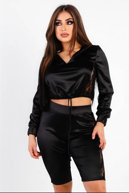 Satin Lace Details Long Sleeve Hooded Crop Top & Biker Short Set