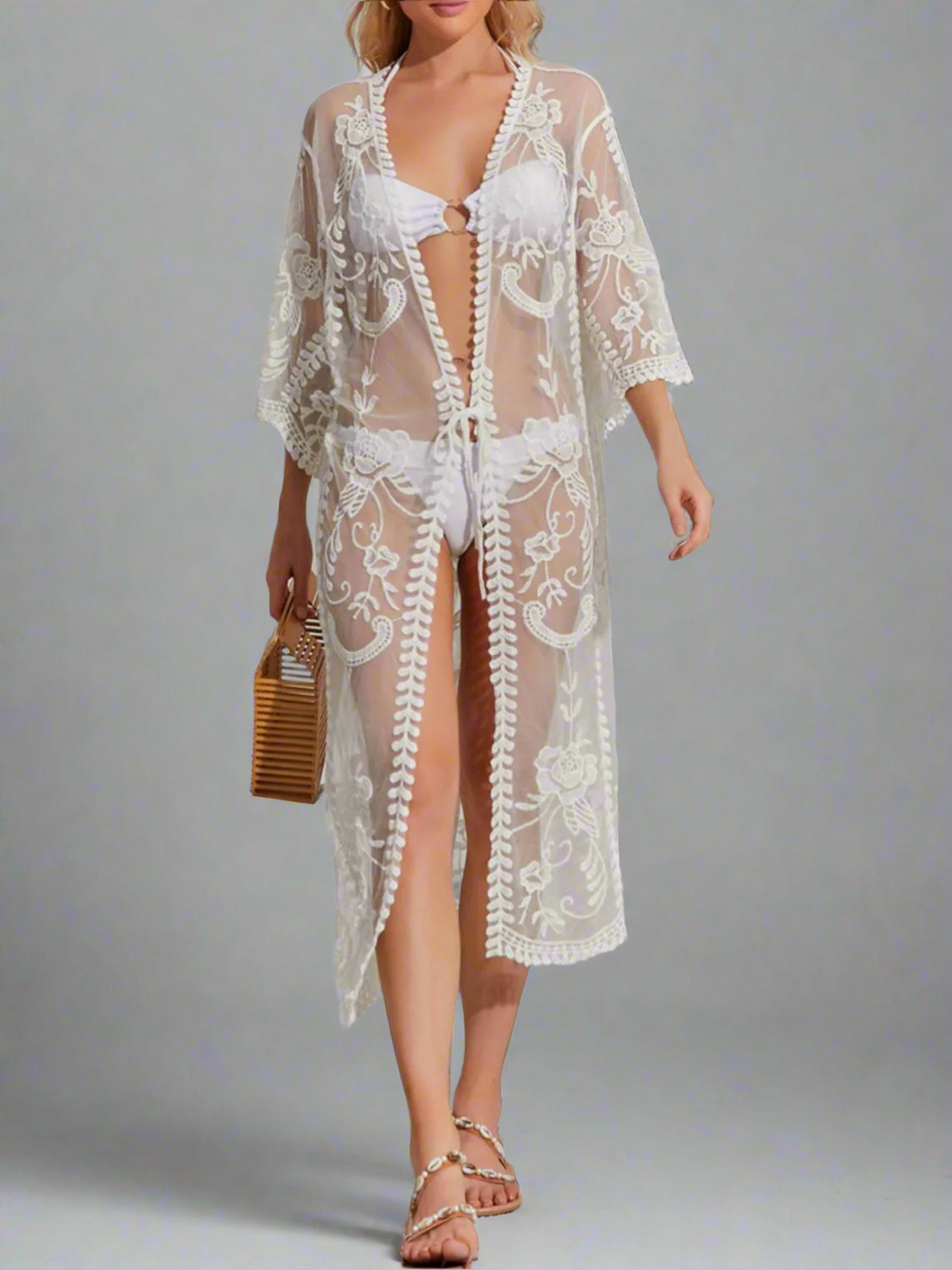 Lace Detail Open Front Longline Cover-Up