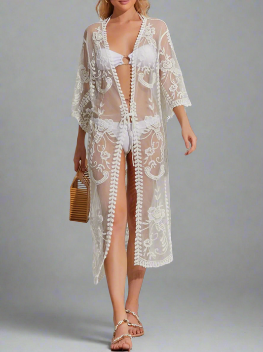 Lace Detail Open Front Longline Cover-Up