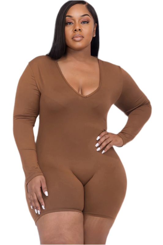 Plus V-neck Long Sleeve Bodycon Romper