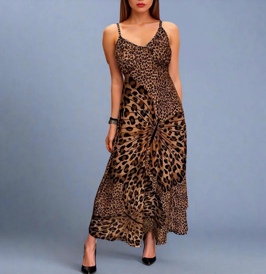 Fashionable Spaghetti Strap Leopard Print V-Neck Long Dress