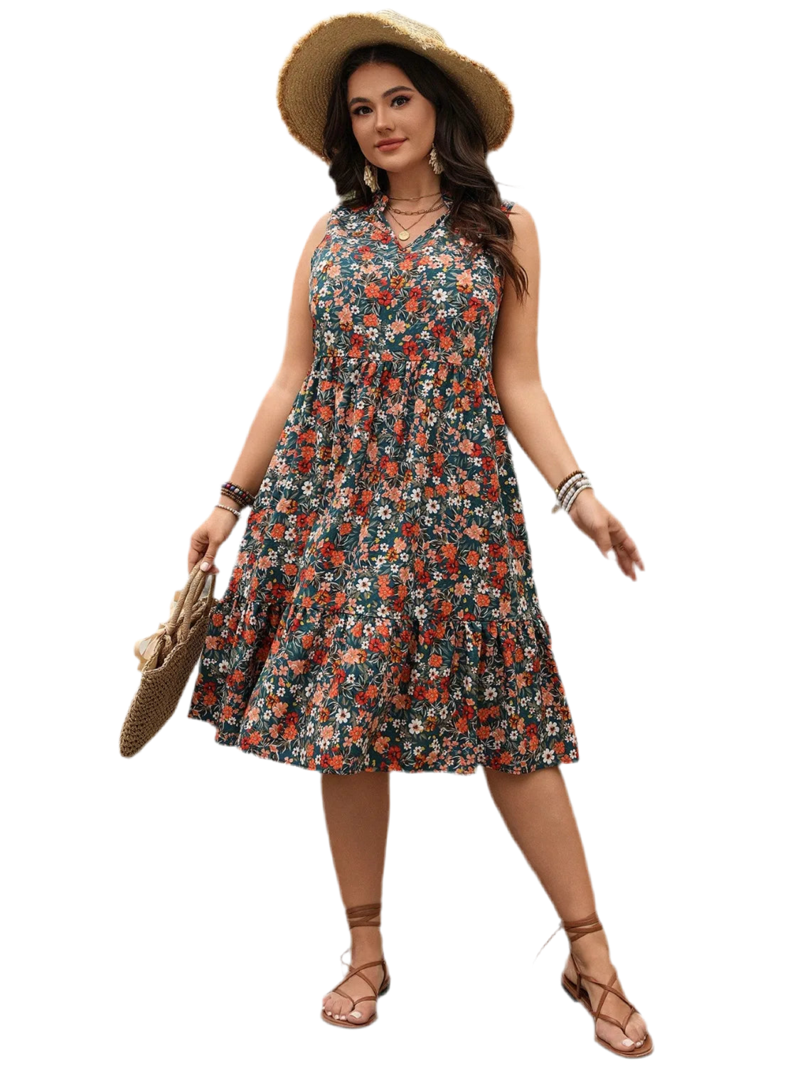 Plus Size Floral Notched Sleeveless Dress