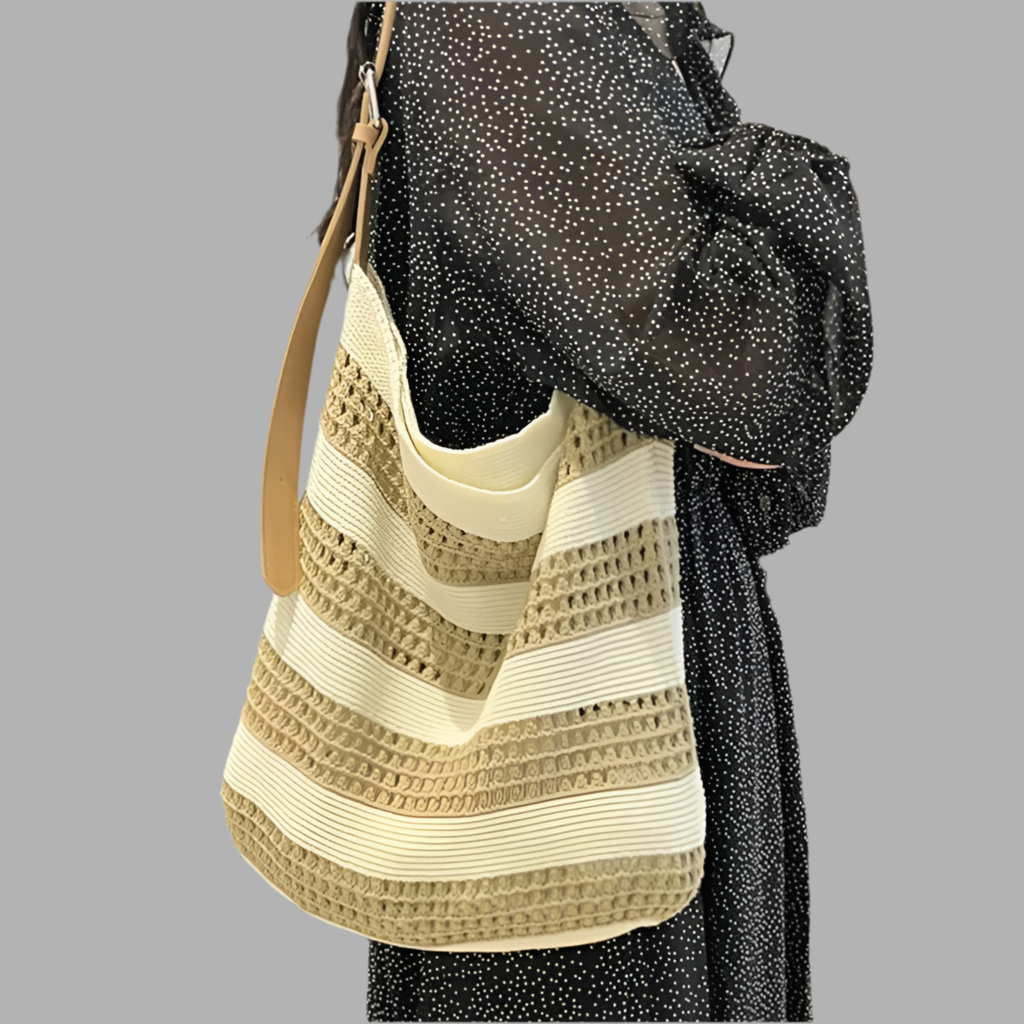 Women's Knit Color Block Stripe Vacation Beach Weave Square Open Tote Bag