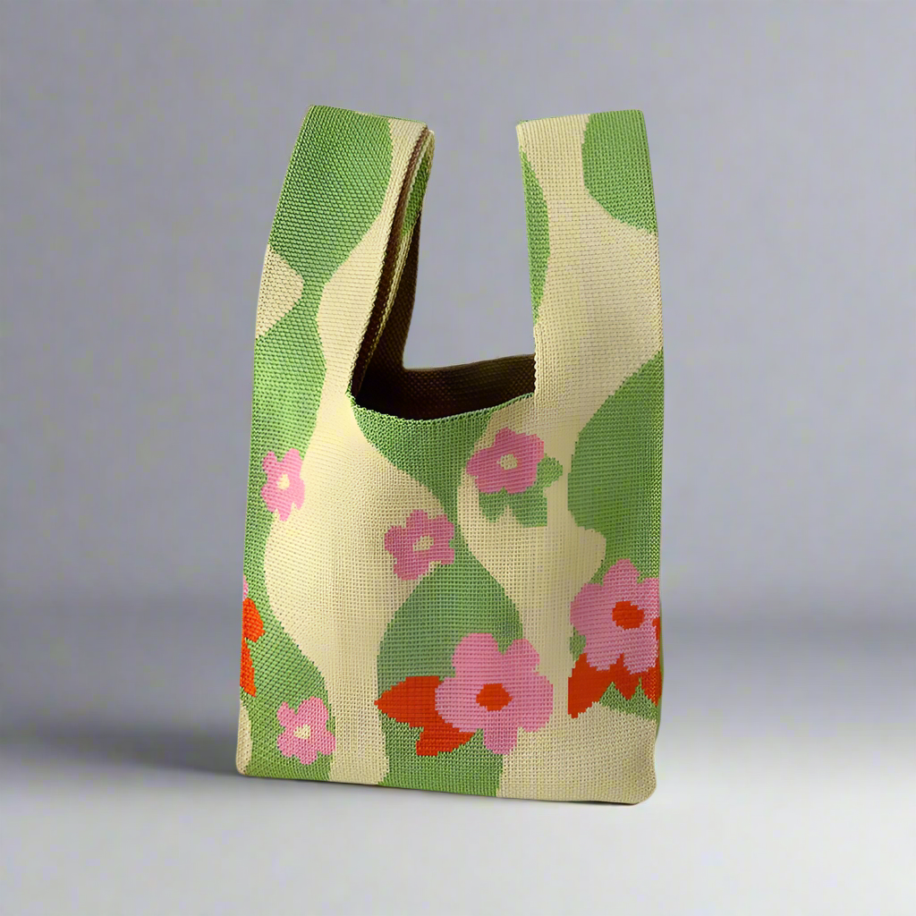 Floral Knitted Large Capacity Casual Tote Bag Women's Fashionable All-Match Handbag Polyester Material Shoulder Strap