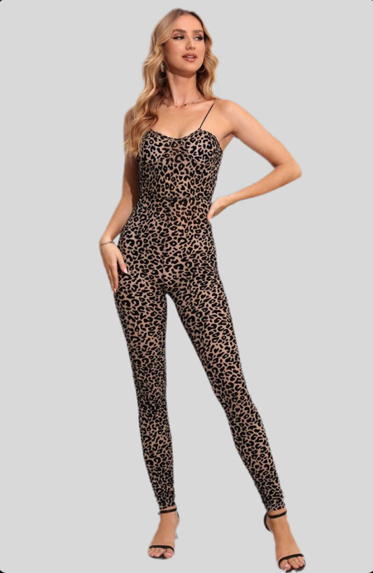 Sexy Leopard Spaghetti Strap Skinny Jumpsuit for Women.