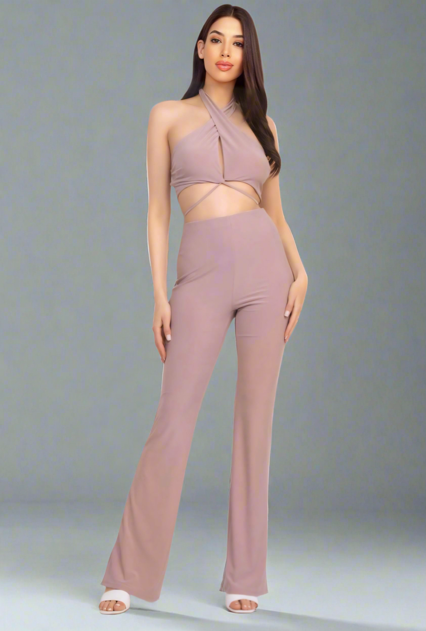 Solid Halter Top And Elastic Leggings Set