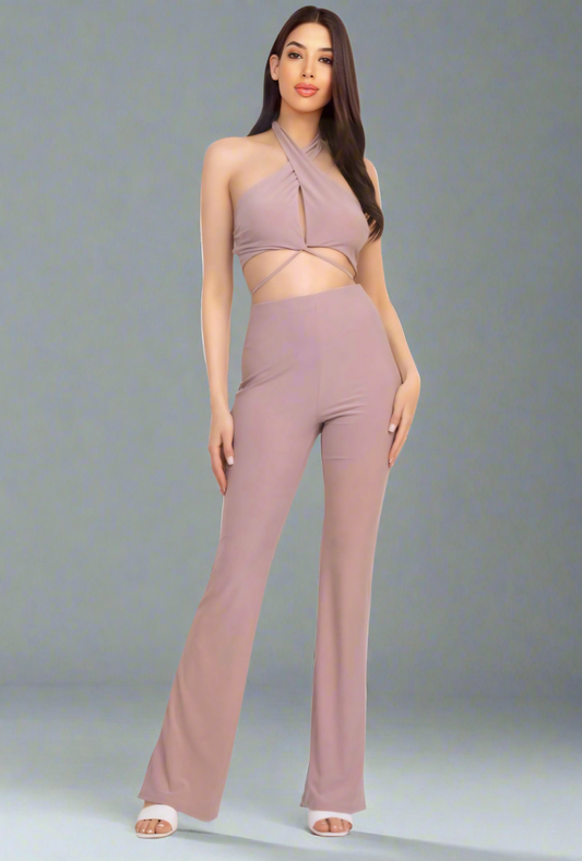 Solid Halter Top And Elastic Leggings Set