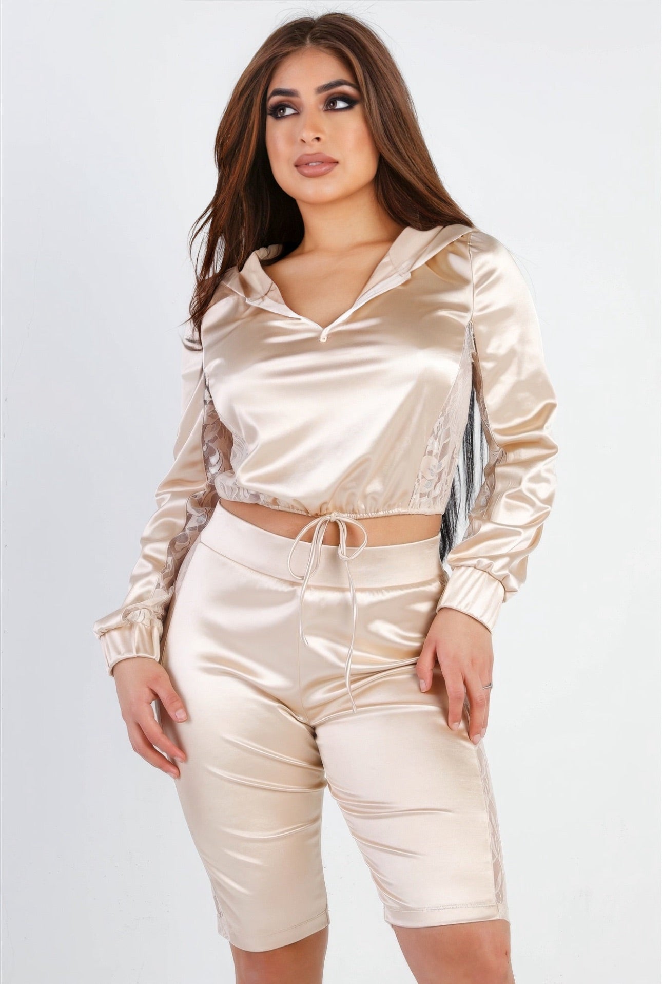 Satin Lace Details Long Sleeve Hooded Crop Top & Biker Short Set
