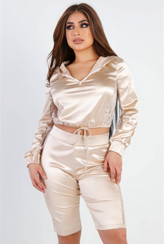 Satin Lace Details Long Sleeve Hooded Crop Top & Biker Short Set