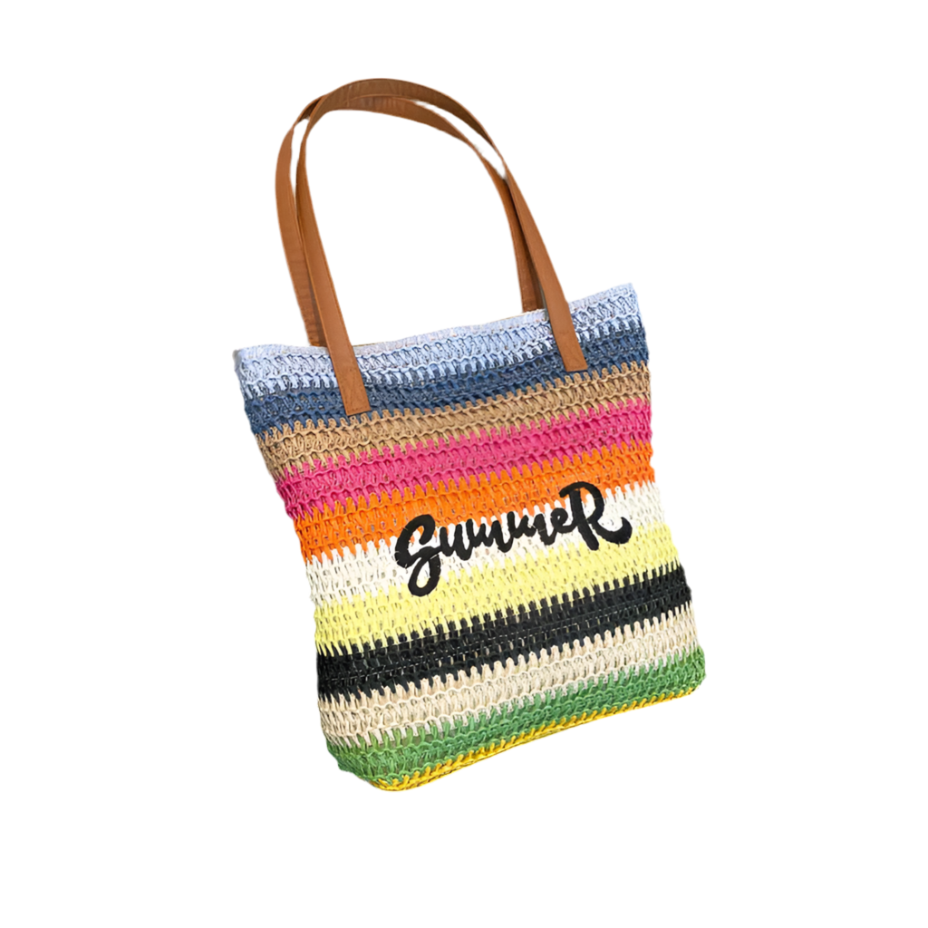 Women's Pu Leather Straw Vocabulary Words/Name Color Block Stripe Vacation Beach Weave Square Zipper Straw Bag