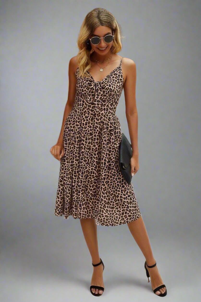 Chic V Neck Spaghetti Strap Leopard Cut Out Midi Dress