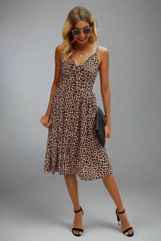 Chic V Neck Spaghetti Strap Leopard Cut Out Midi Dress