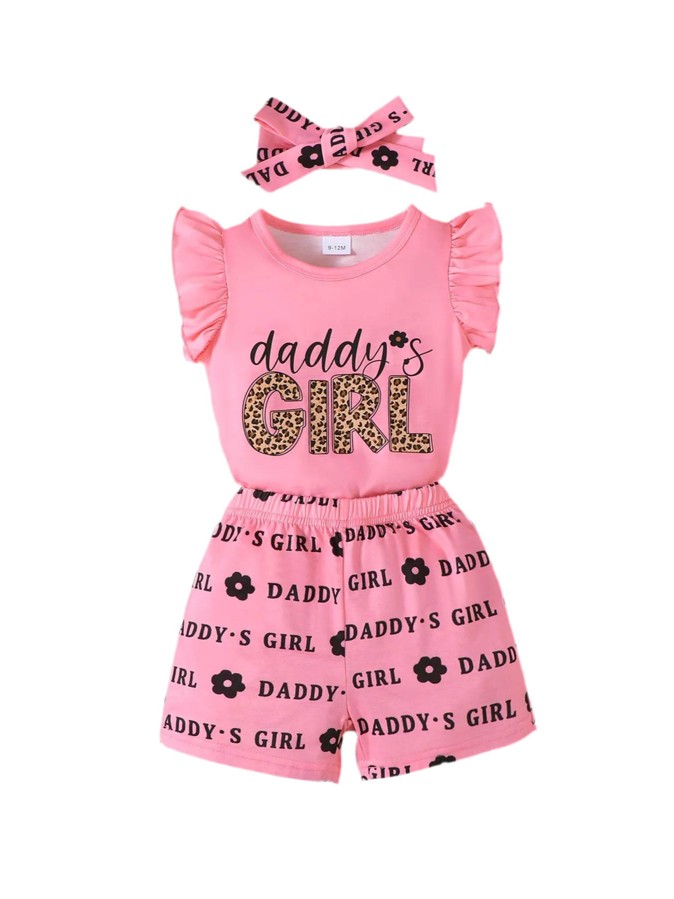 Children's Headband Letter Ruffle Sleeve Top and Shorts 3-Piece Set