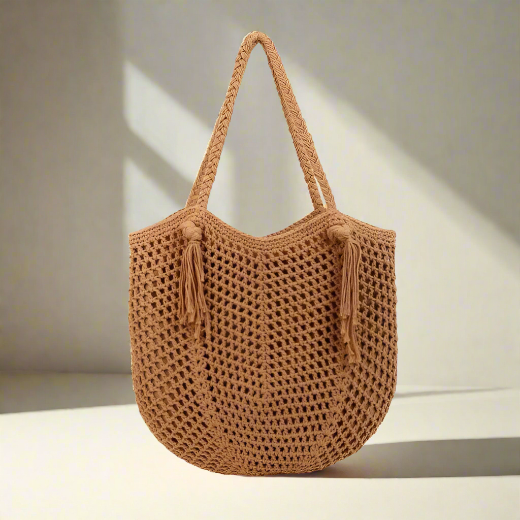 Women's Crochet Solid Color Square Open Tote Bag