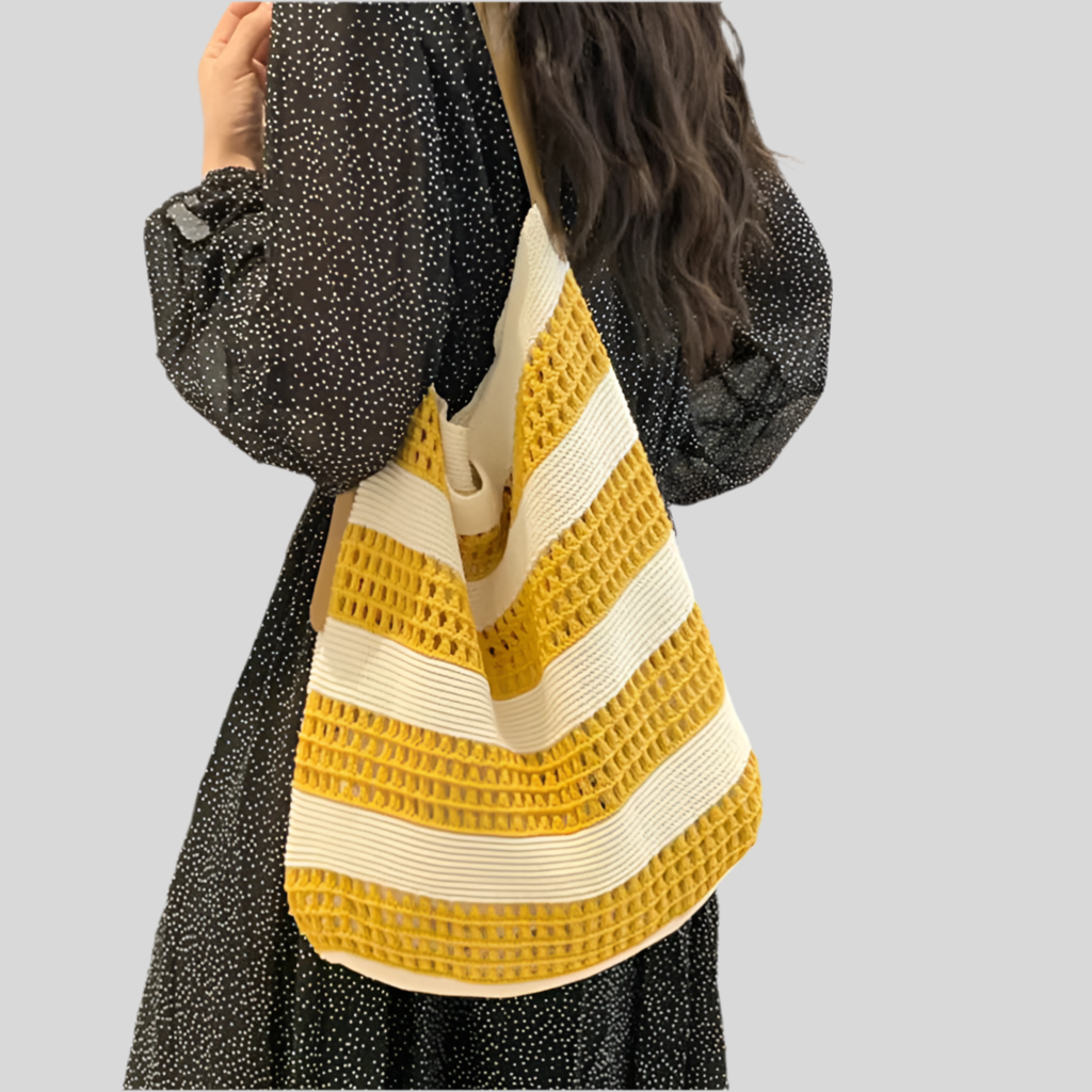 Women's Knit Color Block Stripe Vacation Beach Weave Square Open Tote Bag