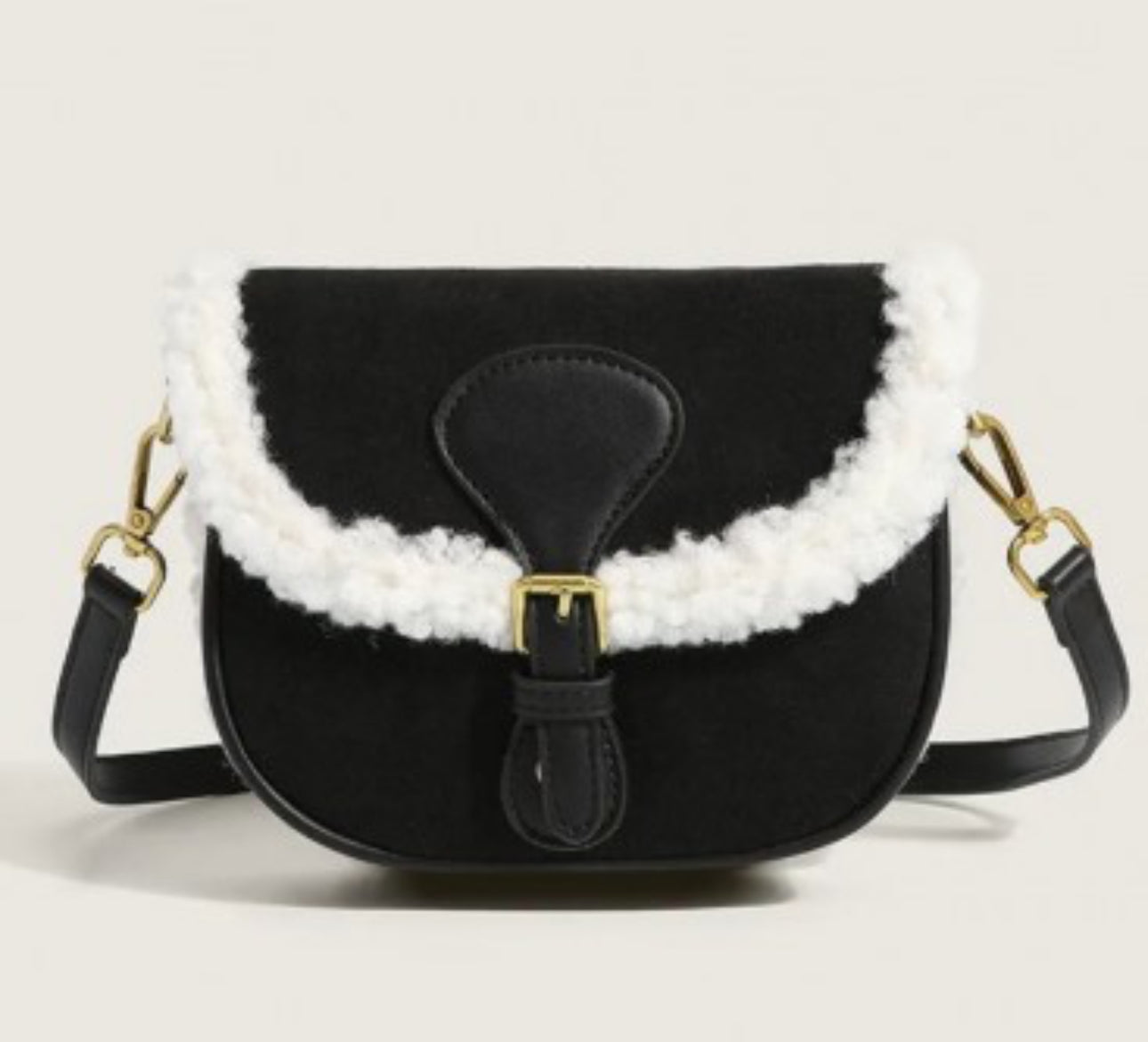 Fleece Trimmed Solid Crossbodybag Adjustable Strap