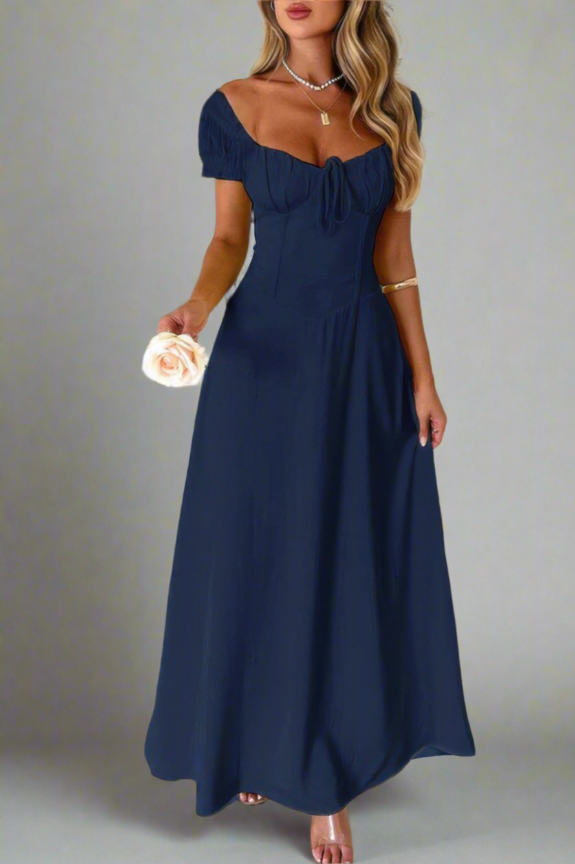 Deep Square Neck Drawstring Back Fit Dress