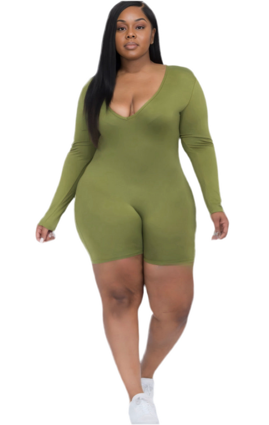 Plus V-neck Long Sleeve Bodycon Romper