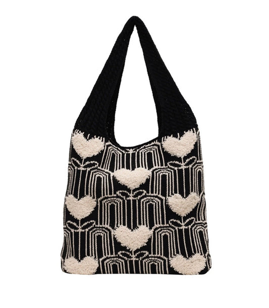 Women's Knit Color Block Heart Shape Open Tote Bag