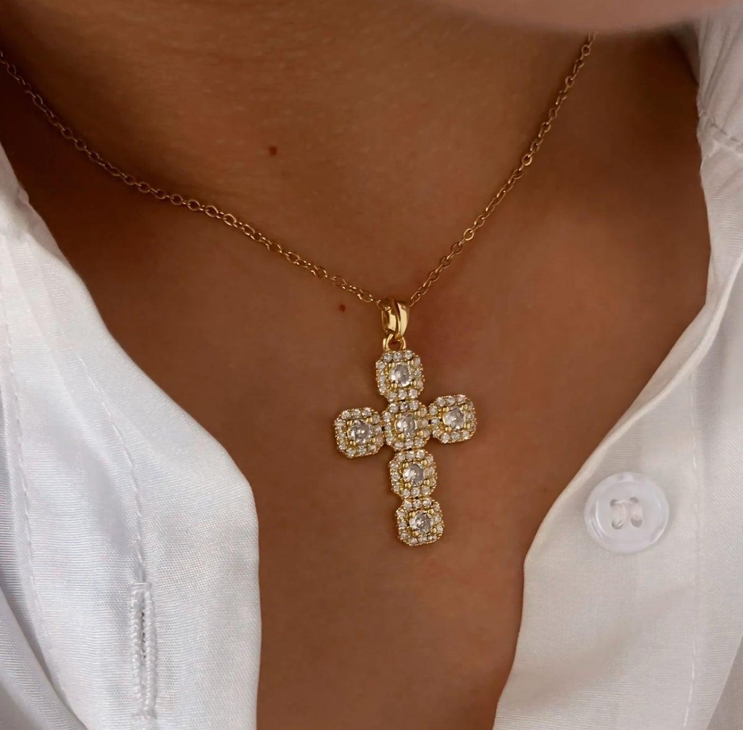 Stainless Steel 14K Gold Plated Inlaid Zircon Cross Necklace