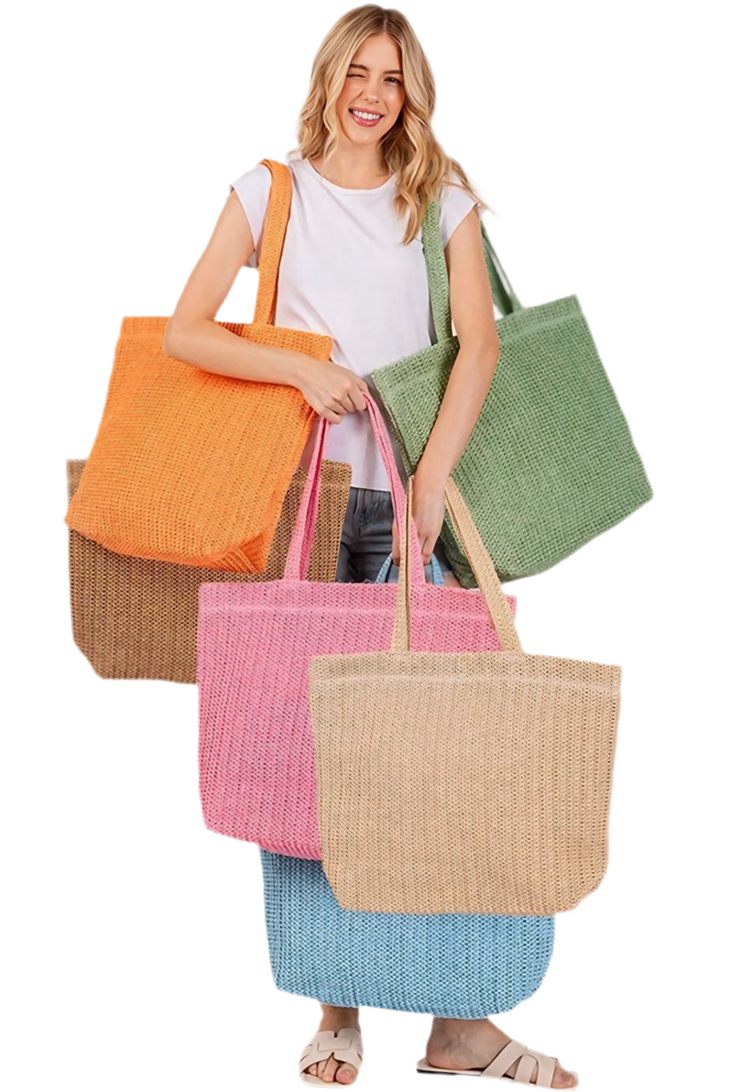 Large Crochet Straw Tote Bag- 8 Colors