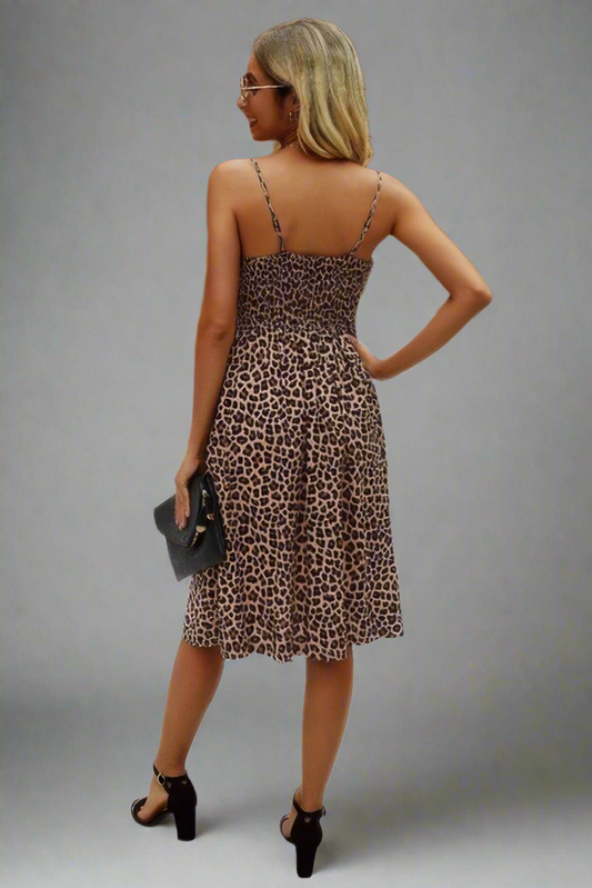 Chic V Neck Spaghetti Strap Leopard Cut Out Midi Dress