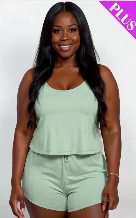 Plus Ribbed Strappy Top And Shorts Set