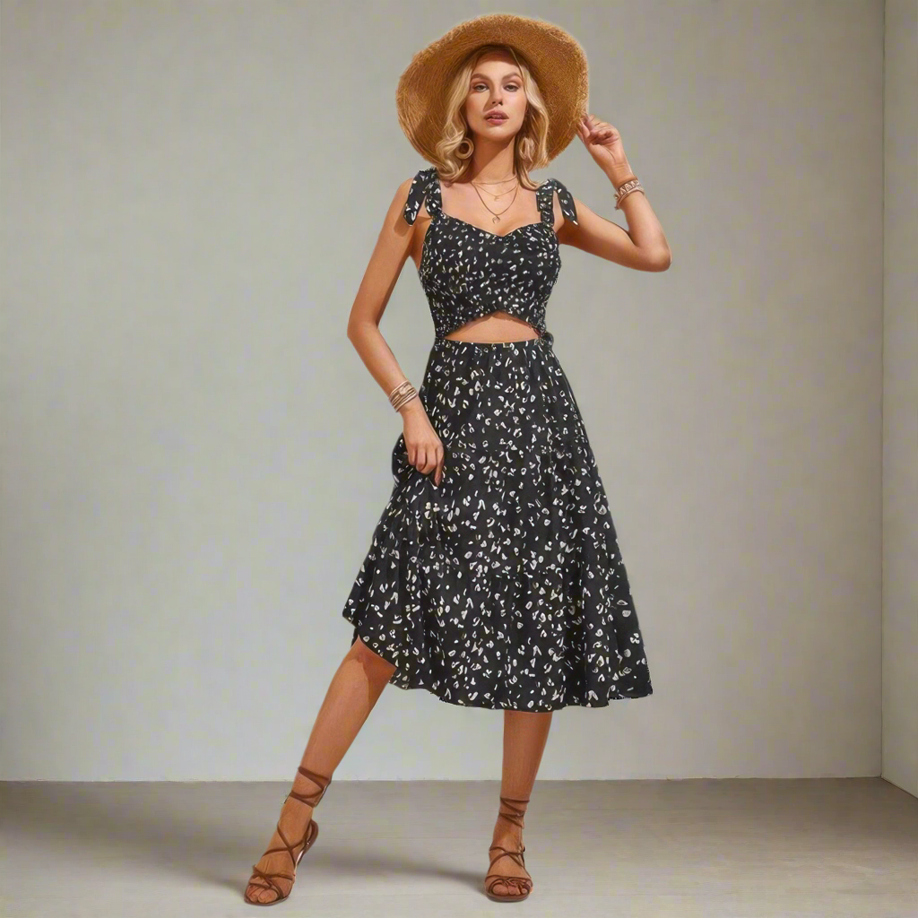 Square Neck Leopard Cut Out Elastic Waist Dress