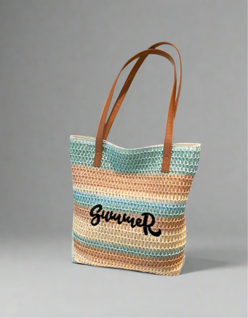 Women's Pu Leather Straw Vocabulary Words/Name Color Block Stripe Vacation Beach Weave Square Zipper Straw Bag