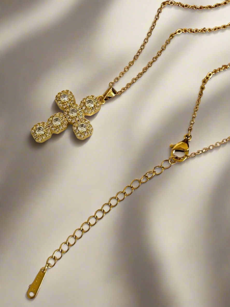 Stainless Steel 14K Gold Plated Inlaid Zircon Cross Necklace