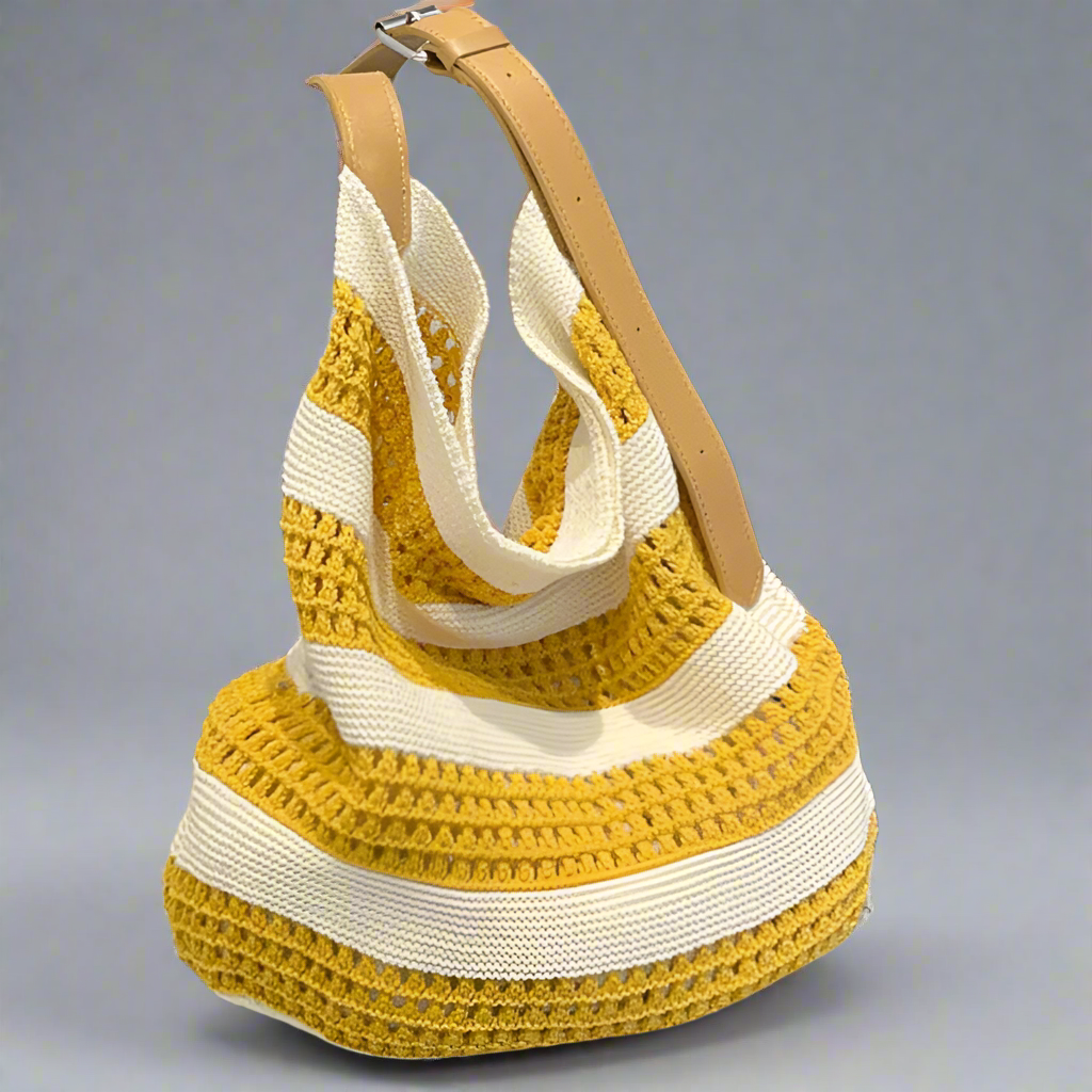 Women's Knit Color Block Stripe Vacation Beach Weave Square Open Tote Bag