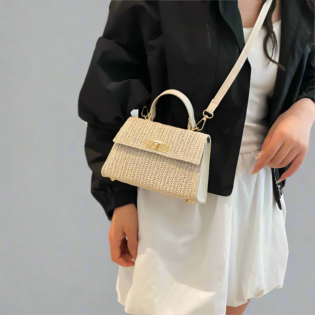 Summer Straw Woven Square Pouch Women's  New Simple Fashion Turnlock Underarm Bag Shoulder Messenger Bag High Sense
