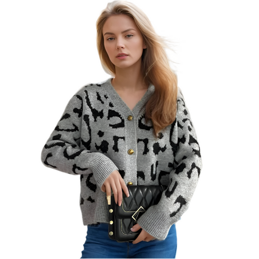 Autumn Winter Short Leopard Print Knitted Open Cardigan Women's V-neck Casual Top Street Style Loose Fit Long Sleeve Sweater
