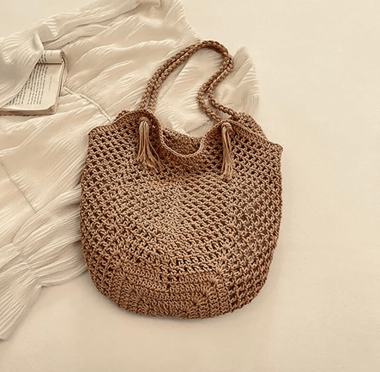 Women's Crochet Solid Color Square Open Tote Bag