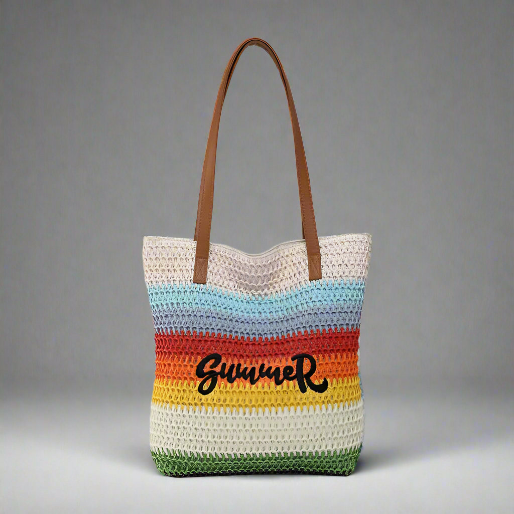 Women's Pu Leather Straw Vocabulary Words/Name Color Block Stripe Vacation Beach Weave Square Zipper Straw Bag